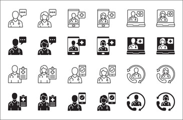 Healthcare icon set. Health insurance symbol. Doctor consultation apps icon. Icons set contains online doctor, hospital, medical consultant, medic, clinic, emergency call. Vector illustration