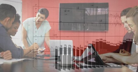 Business team working around table, showing smartphone starting charts fading in then receding - Powered by Adobe