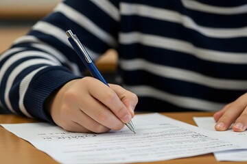 education and world literacy day concept, a student's hand holding a pen,Exam at school with student's taking educational admission test in class, thinking hard, writing answer in university classroom