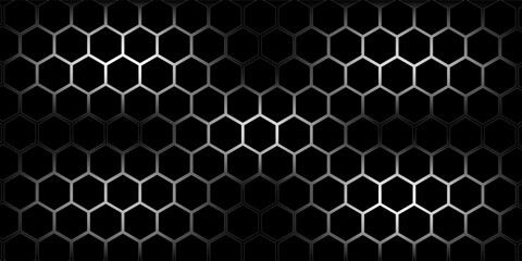 Dark gray and red horizontal hexagonal technology abstract vector background. red bright energy flashes under hexagon in futuristic modern technology wide banner. Dark gray honeycomb texture grid.