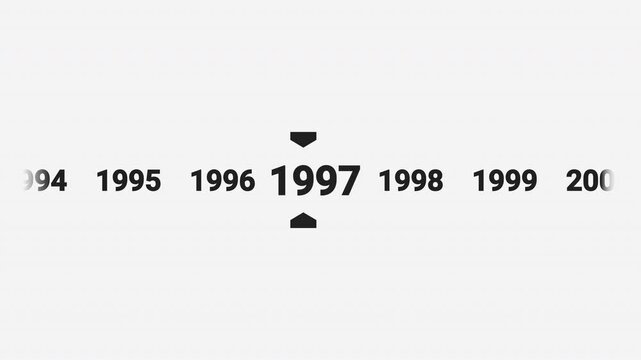 Horizontal timeline animation scrolling smoothly to the year 1997. Ideal for history documentaries, educational videos, or year-based content.