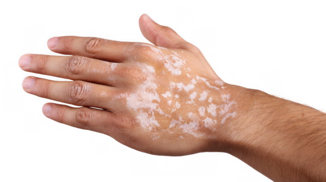 Close up of a hand with vitiligo, showing depigmentation patches on the skin, isolated on a transparent background, providing a clear view of the condition's effects