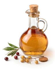Neem oil in glass bottle with fruits

