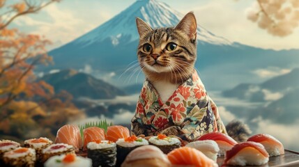 tabby cat in japanese yukata amidst sushi delights, framed by majestic mount fuji