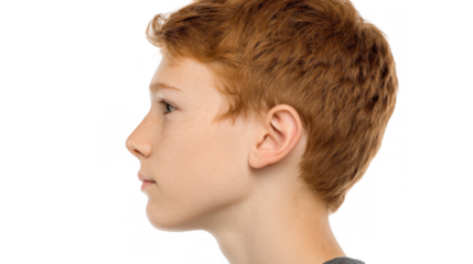 Profile of a redhead boy with freckles looking left, isolated on a transparent background, perfect for easy integration into any design project