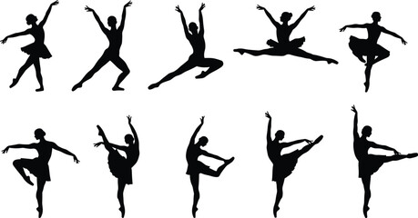 Silhouette illustration of ballet dancers performing classical poses, graceful leaps, expressive movements, elegant form, and artistic stage choreography.