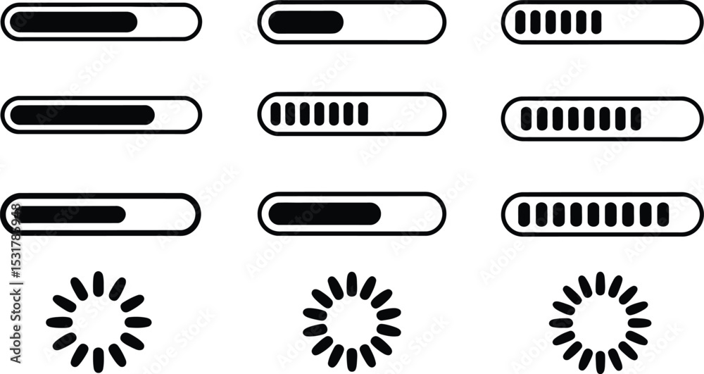 Poster a set of black and white loading progress bars and spinners on a white background for web design