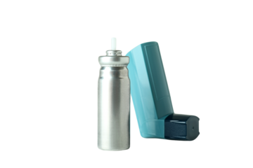 Aluminum asthma inhaler for relief, isolated on white, PNG