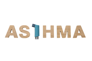 Asthma letters with inhaler, isolated on white, PNG