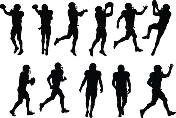 Silhouettes of American football players in dynamic action poses, catching, running, throwing, competitive sport concept, athlete illustration, black vector set, isolated design elements