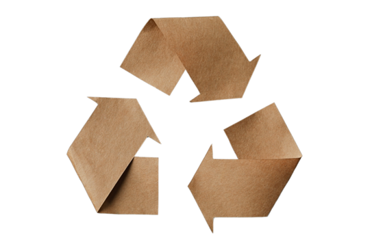 Brown paper arrows make a recycling symbol, isolated on white, PNG