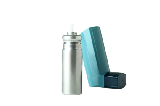 Aluminum asthma inhaler for relief, isolated on white, PNG