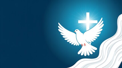 White dove flying near glowing Christian cross on blue religious background
