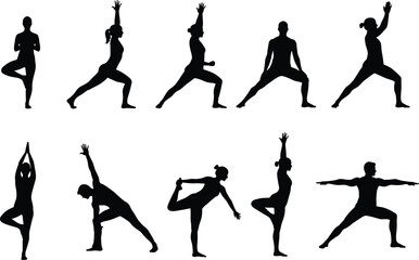 Silhouette of people doing various yoga poses, meditation, flexibility exercise, physical training, stretching routine, fitness practice, calm relaxation, wellness concept, vector style illustration