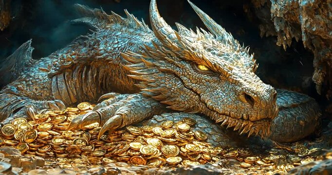 Dragon resting on a hoard of gold coins in a cave. - Powered by Adobe