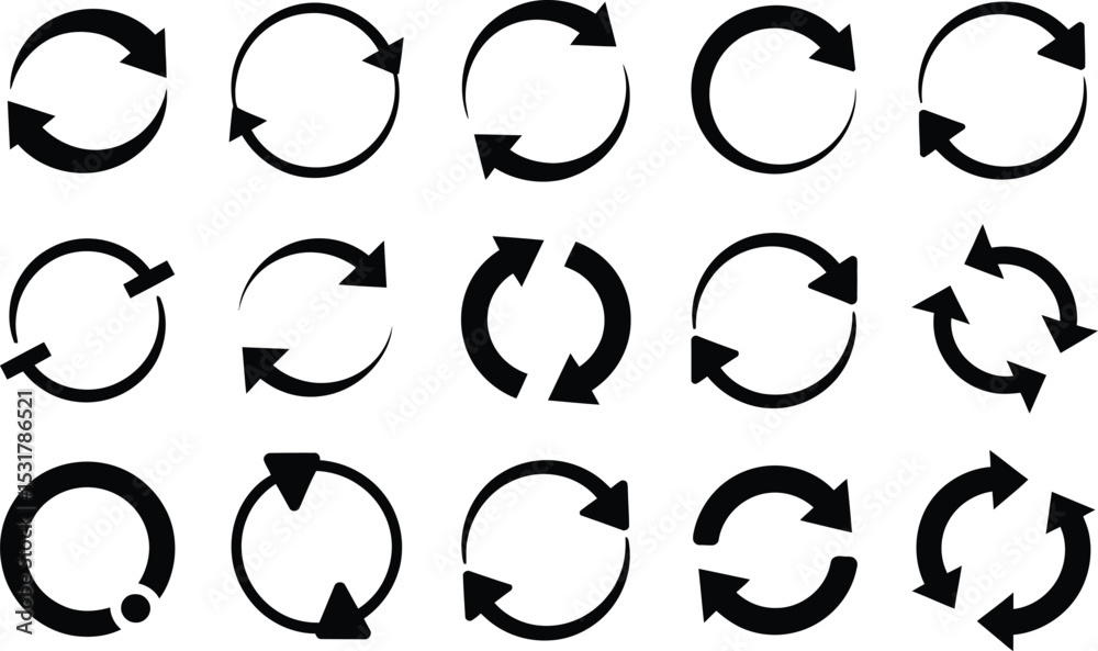 Poster collection of black circular arrows in different directions and styles for design and interface elem