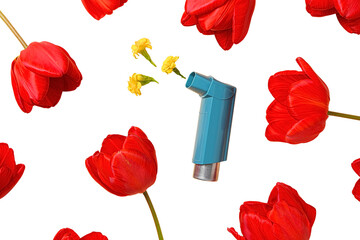 Flowers surround an inhaler on white, isolated on white, PNG