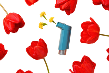 Flowers surround an inhaler on white, isolated on white, PNG