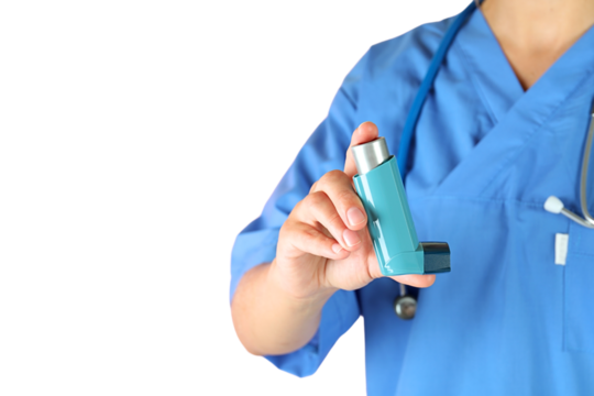 Expert shows asthma inhaler clearly, isolated on white, PNG