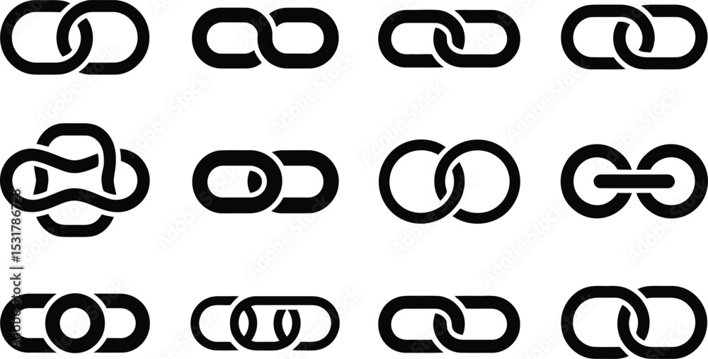 Poster assortment of modern vector chain link icons in different styles representing connection and unity