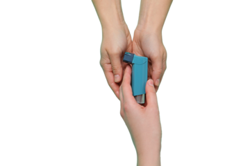 Sharing an inhaler for relief, isolated on white, PNG