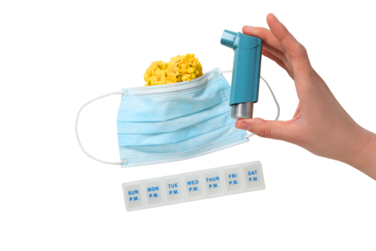 Inhaler, mask, and weekly pills, isolated on white, PNG