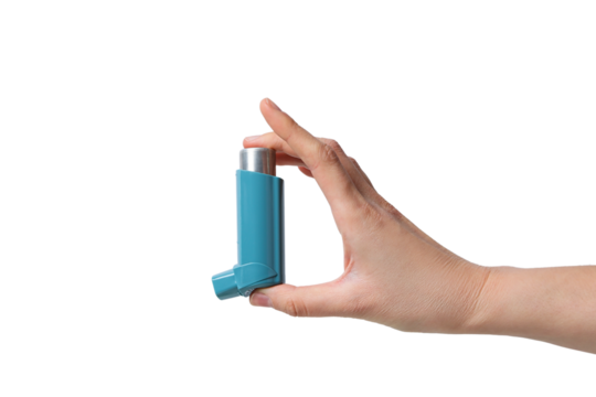 Hand demonstrates use of an asthma inhaler, isolated on white, PNG