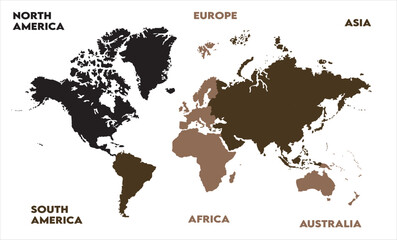 Obraz premium New modern world map, with names, Europe, Africa, Asia, Australia, North America and South America world map graphic, Countries Silhouettes Stock Illustrations, Vectors