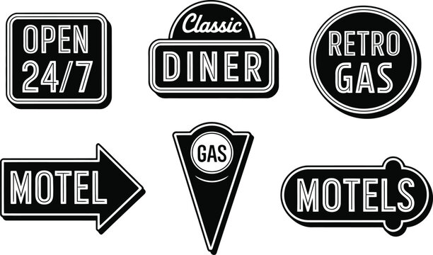 Vector illustration of vintage black and white roadside signs for diner motel gas station and open 24/7 establishment