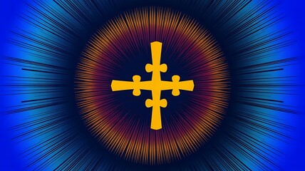 Radiant golden cross with spiritual glowing light rays on abstract blue background
