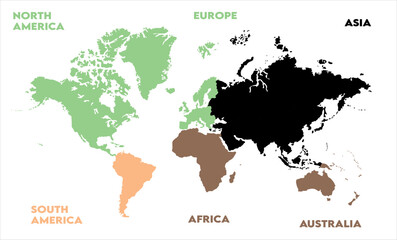 Naklejka premium New modern world map, with names, Europe, Africa, Asia, Australia, North America and South America world map graphic, Countries Silhouettes Stock Illustrations, Vectors
