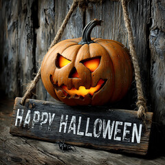 A carved pumpkin with a mischievous grin emits a flickering glow, hanging next to a rustic wooden sign adorned with a festive Halloween greeting. Spooky atmosphere enhances the charm.