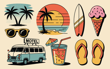 Collection of summer vacation related retro style illustrations including van sunglasses and beach elements