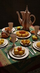 Fototapeta premium Elegant Table Setting with Golden Pastries and Ornate Coffee Pot: A Still Life of Culinary Delight