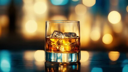 Whiskey glass with ice cube on reflective surface, warm light and amber beverage, alcohol drink with bokeh reflection creating cozy and inviting atmosphere for relaxation and enjoyment - Powered by Adobe