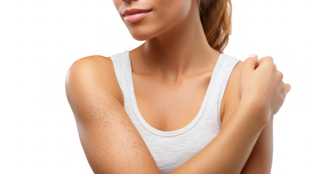 Close up view of a woman gently touching her upper arm, emphasizing a skin condition marked by acne, with a clear and transparent background enhancing the focus on the skin issue