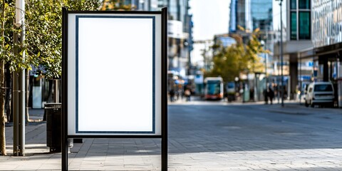 realistic cityscape scene with clean white billboard mockup, bus stop positioned near a pedestrian plaza, warm midday light and precise edges