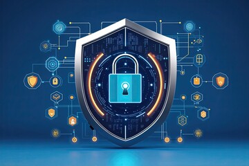Futuristic Lock Shield Protection with Cybersecurity Elements on a Blue Background