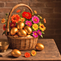 Golden Eggs in Wicker Basket with Summer Flowers, Rustic Farmhouse Decor, Easter, Spring, Luxury, Abundance, Wealth Symbol, Organic Texture
