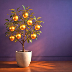 Surreal Golden Apple Tree in Concrete Pot — Symbol of Prosperity, Rarity & Dreamlike Imagination, Fantasy  with Copy Space