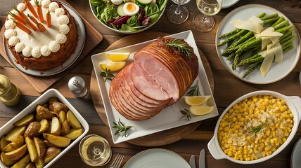 A table setting with ham, carrot cake, asparagus, corn, potatoes, and salad for a holiday meal