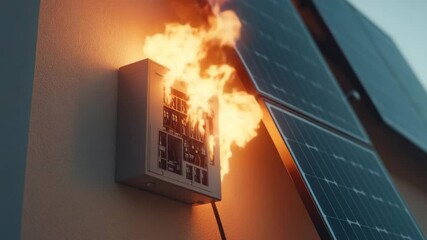 Electrical panel fire with flames near solar panel on wall showing danger hazard of electrical fire risk energy power and urgent safety emergency situation