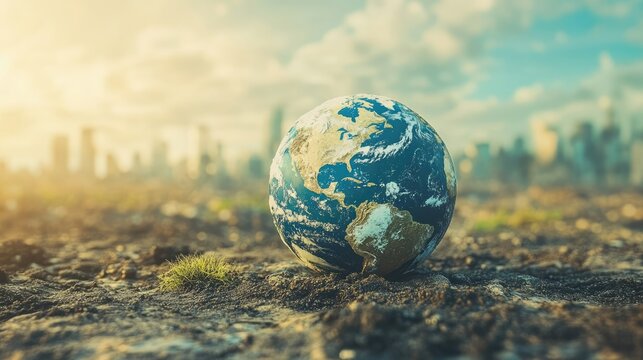 Earth globe on polluted ground with the cityscape at the background. Environmental pollution ecology concept