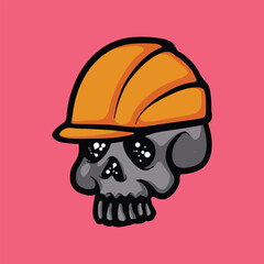 Skull wearing construction helmet cartoon vector illustration