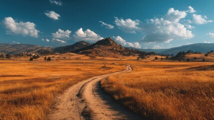 Fototapeta premium Serene Countryside Road: Golden Hour in the Mountains