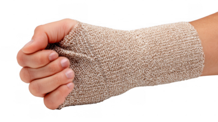 Medical professional carefully wrapping elastic bandage around injured wrist, providing support and compression with transparent background, ideal for healthcare and medical themed projects