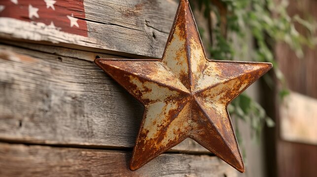 Close up of a metal star with a textured oxidized surface placed on a wooden porch as part of a rustic patriotic display