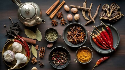 A still life of various spices and seasonings arranged with a teapot on a dark surface top view