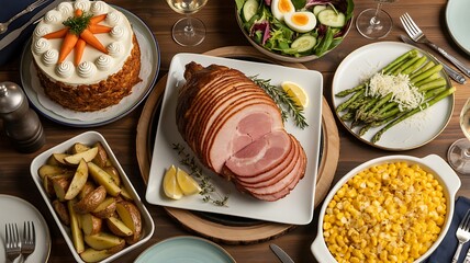 A table spread with ham, carrot cake, asparagus, corn, potatoes, salad, and wine glasses on wood