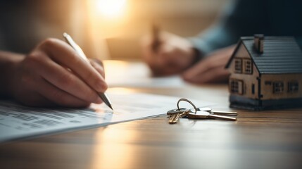 Real Estate Agreement Signing with House Keys and Model Home